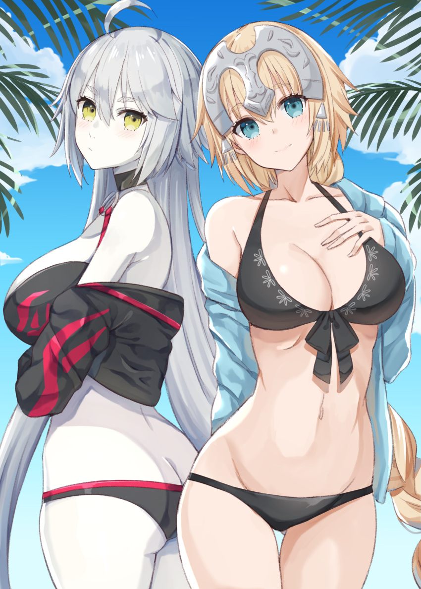 2girls ahoge ass bangs bare_shoulders bikini black_bikini black_choker blonde_hair blue_eyes blue_jacket blue_sky blush braid breasts butt_crack choker cleavage clouds collarbone commentary_request day eyebrows_visible_through_hair fate/grand_order fate_(series) front-tie_bikini front-tie_top green_eyes hair_between_eyes hand_on_own_chest hand_up headpiece highres jacket jeanne_d'arc_(alter_swimsuit_berserker) jeanne_d'arc_(fate)_(all) jeanne_d'arc_(swimsuit_archer) large_breasts long_hair long_sleeves medium_breasts multiple_girls navel off_shoulder open_clothes open_jacket outdoors pale_skin palm_tree silver_hair single_braid sky sleeves_past_wrists swimsuit thick_eyebrows thigh_gap tree very_long_hair yuzu-aki