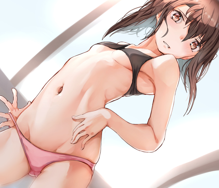 1girl black_bra blush bra breasts brown_eyes brown_hair hair_between_eyes highres kabayaki_namazu kantai_collection looking_at_viewer navel panties pink_panties small_breasts solo taihou_(kantai_collection) underwear