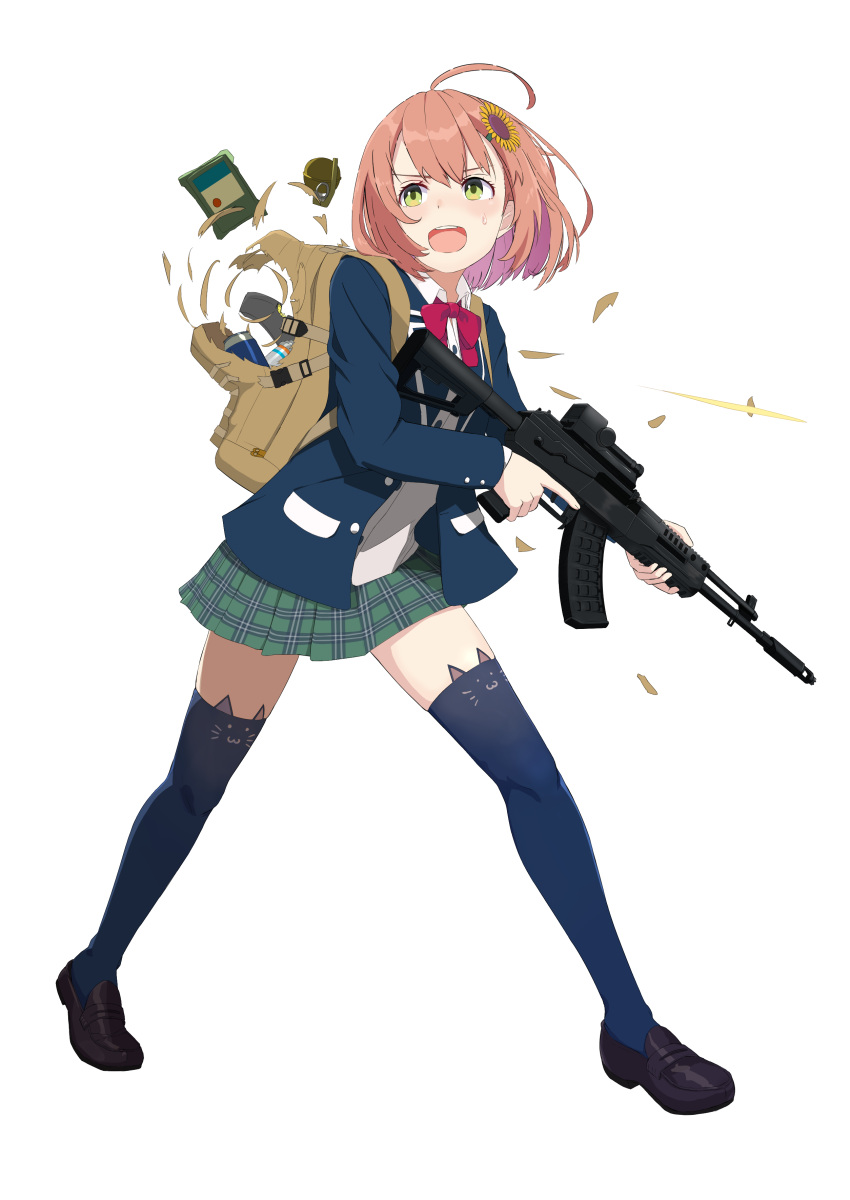 1girl absurdres ahoge blazer checkered checkered_skirt drink explosive flower green_eyes grenade gun hair_flower hair_ornament highres holding holding_gun holding_weapon honma_himawari ichinose_rokujou jacket loafers nijisanji pleated_skirt rations rifle school_uniform shoes short_hair skirt sunflower sweatdrop tagme thigh-highs weapon white_background