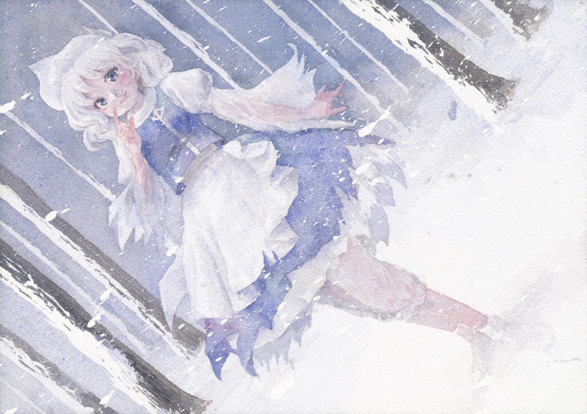 1girl apron black_eyes bloomers dutch_angle forest hat index_finger_raised lavender_hair letty_whiterock looking_at_viewer misawa_hiroshi muted_color nature petticoat skirt snow snowing solo texture touhou traditional_media tree underwear vest waist_apron watercolor_(medium) winter