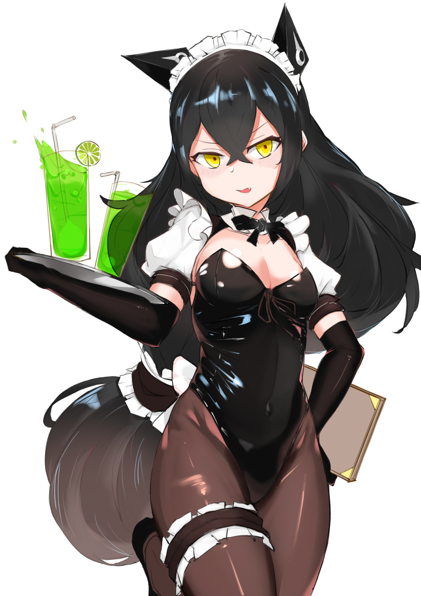 1girl absurdres alternate_costume bangs bendy_straw black_footwear black_gloves black_hair black_leotard blush breasts brown_hair brown_legwear choumi_wuti_(xueye_fanmang_zhong) commentary_request covered_navel cup drink drinking_glass drinking_straw elbow_gloves enmaided fang girls_frontline gloves gradient_hair hair_between_eyes head_tilt headgear highres holding holding_menu holding_tray judge_(girls_frontline) leg_garter leotard long_hair maid maid_headdress medium_breasts multicolored_hair pantyhose parted_lips puffy_short_sleeves puffy_sleeves sangvis_ferri shoes short_sleeves simple_background solo standing standing_on_one_leg strapless strapless_leotard tray v-shaped_eyebrows very_long_hair white_background yellow_eyes