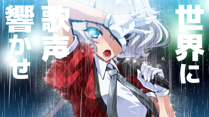 1girl blue_eyes gloves holding holding_microphone konno_junko low_twintails microphone music one_eye_covered plaid pose rain raisuta silver_hair singing twintails white_gloves zombie_land_saga