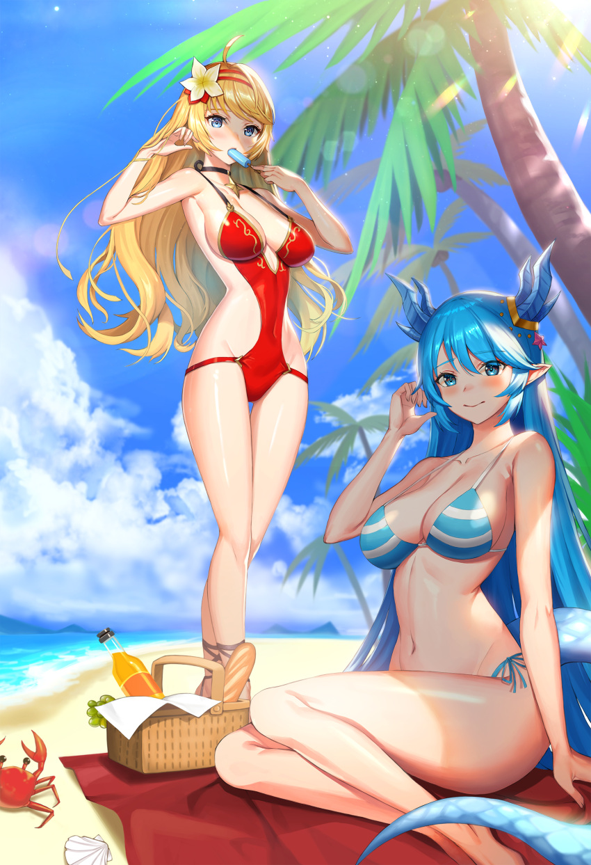 2girls absurdres ahoge alternate_costume artemia_(king's_raid) bangs bare_shoulders beach beach_mat bikini blonde_hair blue_bikini blue_eyes blue_hair blue_sky blush breasts cleavage clouds collarbone commentary covered_navel crab day dragon_girl dragon_horns dragon_tail eyebrows_visible_through_hair flower food full_body groin hair_flower hair_ornament hairband highres holding holding_food horns jeongjae_(jj) king's_raid laias_(king's_raid) large_breasts long_hair looking_at_viewer multiple_girls navel ocean one-piece_swimsuit outdoors palm_tree pointy_ears popsicle red_swimsuit revision sand shade side-tie_bikini sitting sky smile standing stomach sucking swimsuit tail tree very_long_hair yokozuwari