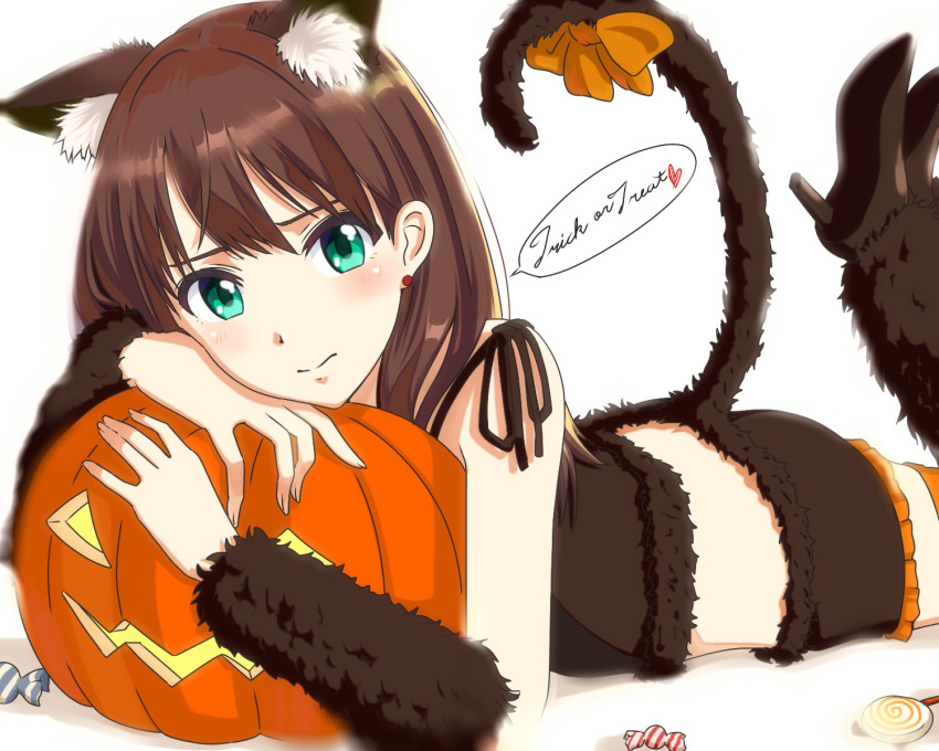 1girl animal_ears black_footwear black_ribbon black_shorts brown_hair brown_sleeves cat_ears cat_tail crop_top detached_sleeves earrings frilled_shorts frills green_eyes halloween halloween_costume high_heels highres idolmaster idolmaster_cinderella_girls jewelry long_hair looking_at_viewer lying on_stomach orange_legwear orange_ribbon pumpkin pumps ribbon shibuya_rin shiki_(0802makimari) shiny shiny_hair short_shorts shorts smile solo tail tail_ribbon thigh-highs