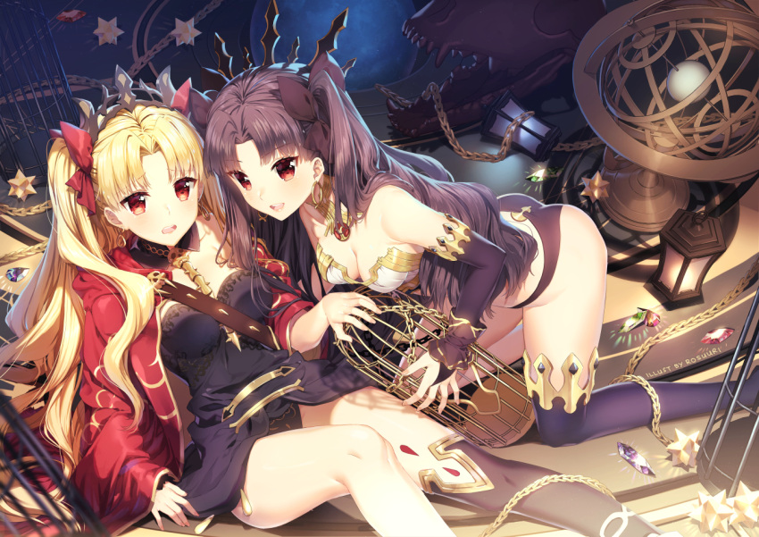 2girls :d all_fours armlet artist_name ass bangs bare_shoulders bikini birdcage black_bikini_bottom black_bow black_hair black_legwear black_leotard blonde_hair bow breasts bridal_gauntlets cage cape chains cleavage collarbone detached_collar detached_sleeves earrings ereshkigal_(fate/grand_order) eyebrows_visible_through_hair fate/grand_order fate_(series) gem hair_bow hoop_earrings ishtar_(fate/grand_order) jewelry lantern leotard long_hair looking_at_viewer medium_breasts mismatched_bikini multiple_girls off_shoulder on_floor open_mouth parted_bangs red_bow red_cape red_eyes rosuuri sharp_teeth single_thighhigh sitting skull smile spine star swimsuit teeth thigh-highs tiara tohsaka_rin two_side_up very_long_hair white_bikini_top