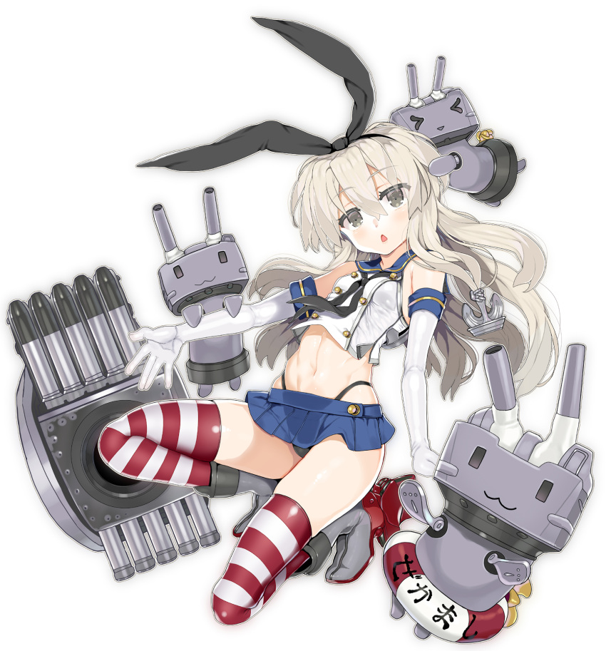&gt;_&lt; 1girl :&lt; anchor_hair_ornament bangs bare_shoulders black_hairband black_panties black_ribbon blue_sailor_collar blue_skirt boots char closed_eyes commentary_request elbow_gloves eyebrows_visible_through_hair full_body gloves grey_eyes grey_footwear grey_hair hair_between_eyes hair_ornament hair_ribbon hairband head_tilt highleg highleg_panties highres kantai_collection long_hair looking_at_viewer midriff navel panties parted_lips pleated_skirt rensouhou-chan ribbon rudder_footwear sailor_collar school_uniform serafuku shimakaze_(kantai_collection) shirt skirt sleeveless sleeveless_shirt striped striped_legwear thigh-highs torpedo triangle_mouth underwear very_long_hair white_background white_gloves white_shirt