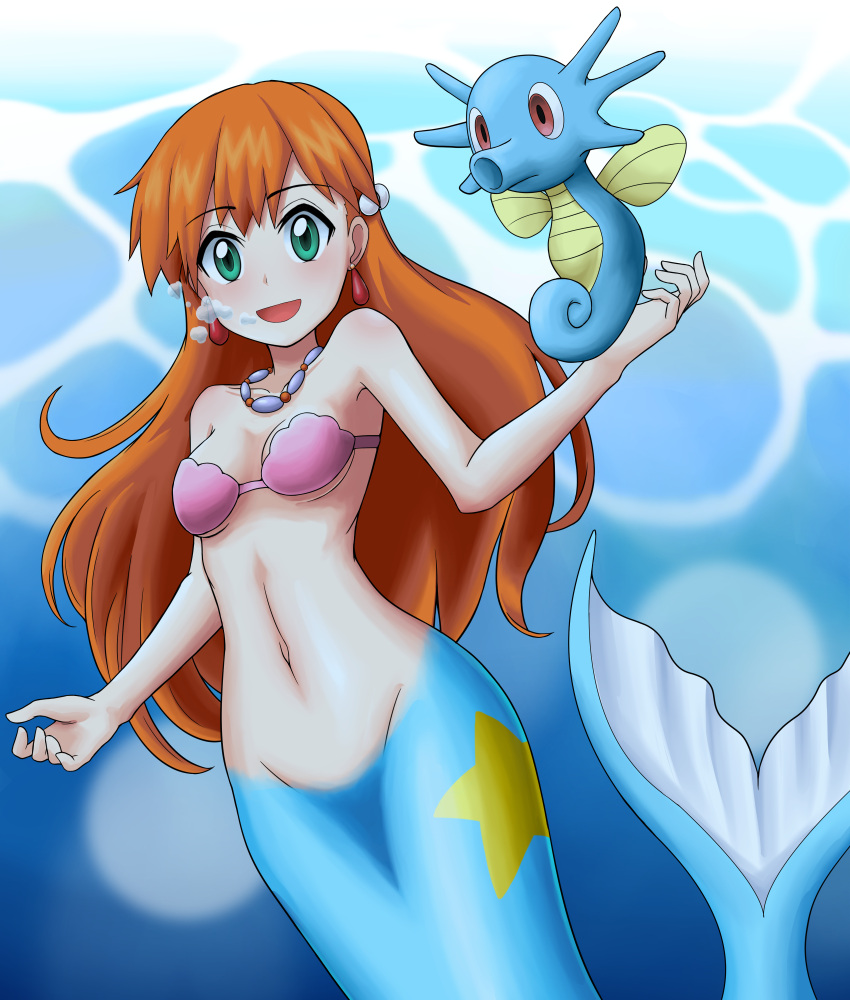 1girl :d blue_eyes breasts breath collarbone commentary_request creatures_(company) earrings eld_(ljhlee12) game_freak gen_1_pokemon highres horsea jewelry kasumi_(pokemon) long_hair looking_at_viewer mermaid monster_girl navel necklace nintendo open_mouth orange_hair pink_bikini_top pokemon pokemon_(anime) small_breasts smile solo underwater