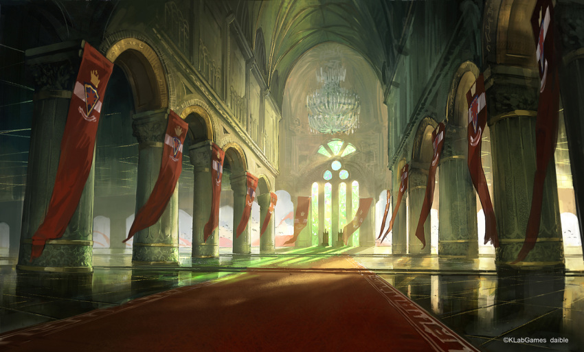 arch artist_name banner chandelier company_name daible day fantasy indoors no_humans official_art red_carpet scenery sunlight throne throne_room window