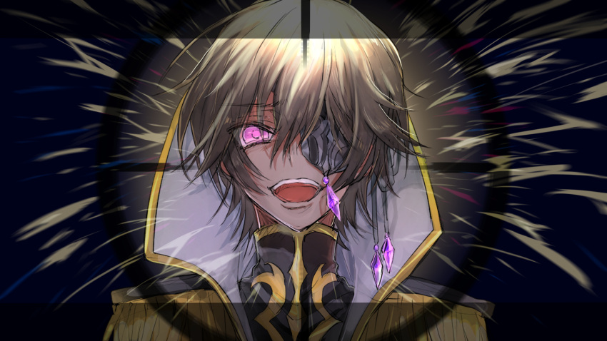 1boy :d brown_hair code_geass eyepatch highres lelouch_lamperouge looking_at_viewer male_focus military military_uniform open_mouth pink_eyes portrait short_hair smile solo sumi_otto uniform