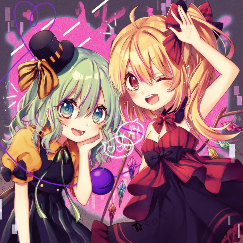 2girls :d ;d adapted_costume ahoge alternate_costume arm_up bangs bare_arms bare_shoulders black_bow black_dress black_headwear black_neckwear black_ribbon black_skirt blonde_hair blush bow bowtie breasts commentary_request cowboy_shot crystal dress eyebrows_visible_through_hair flandre_scarlet green_eyes green_hair hair_between_eyes hair_bow hand_on_own_cheek hand_up hat hat_bow heart heart_of_string highres komeiji_koishi kyouda_suzuka looking_at_viewer mini_hat mini_top_hat multiple_girls neck_ribbon no_hat no_headwear one_eye_closed open_mouth pinafore_dress puffy_short_sleeves puffy_sleeves red_bow red_dress red_eyes red_neckwear ribbon shirt short_hair short_sleeves skirt small_breasts smile spoken_heart spoken_x standing strapless strapless_dress striped striped_bow striped_neckwear third_eye top_hat touhou v-shaped_eyebrows wings yellow_bow yellow_shirt