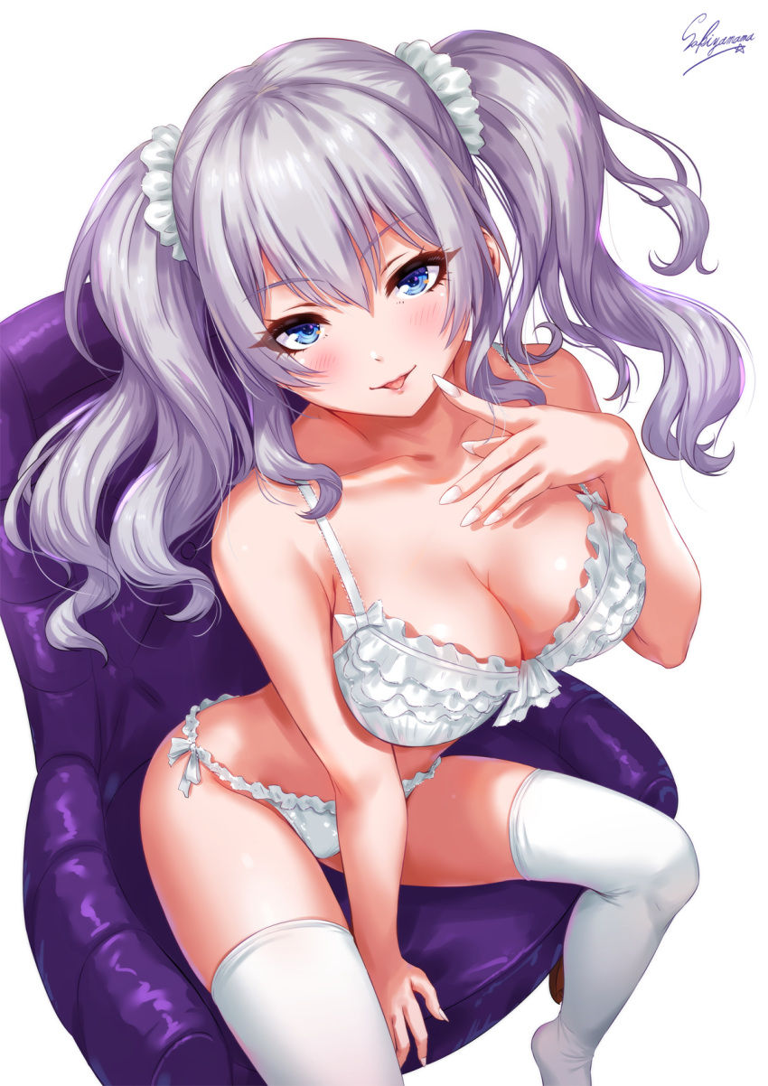 1girl artist_name blue_eyes blush bra breasts chair cleavage collarbone finger_to_mouth frilled_bra frills from_above hand_on_own_chest highres kantai_collection kashima_(kantai_collection) large_breasts long_hair looking_at_viewer looking_up panties parted_lips sakiyamama side-tie_panties silver_hair simple_background sitting solo thigh-highs twintails underwear white_bra white_legwear