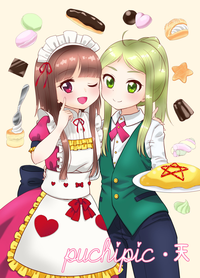 :d absurdres ahoge alternate_costume apron arm_up black_pants brown_hair cheek-to-cheek commentary_request cookie cowboy_shot cream_puff dress eclair_(food) enmaided female_butler finger_to_cheek food food_background frilled_apron frills fuu_(suisouseki) green_hair green_vest hand_on_another's_back highres holding holding_plate ketchup long_sleeves looking_at_viewer macaron maid maid_headdress nishida_satono omurice one_eye_closed open_mouth pants pink_dress plate ponytail puffy_short_sleeves puffy_sleeves red_eyes shirt short_hair_with_long_locks short_sleeves sidelocks smile star teireida_mai touhou vest waistcoat white_apron white_shirt yellow_background