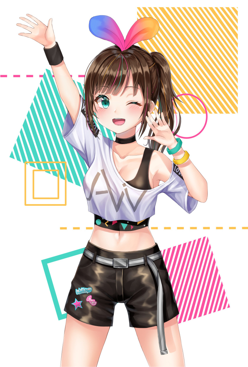 1girl a.i._channel absurdres alternate_hairstyle arm_up black_bra blush bra bracelet breasts brown_hair choker cleavage collarbone eyebrows_visible_through_hair green_eyes highres jewelry kizuna_ai long_hair looking_at_viewer medium_breasts miudo navel one_eye_closed short_shorts shorts side_ponytail solo sports_bra standing underwear