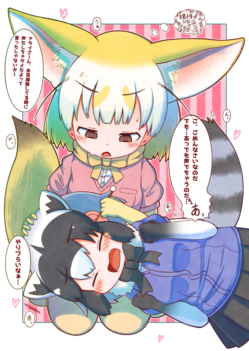 /\/\/\ 2girls @_@ absurdres animal_ear_fluff animal_ears artist_name bangs black_hair blonde_hair blush bow bowtie breast_pocket brown_eyes closed_eyes commentary_request common_raccoon_(kemono_friends) extra_ears eyebrows_visible_through_hair fang fennec_(kemono_friends) fox_ears fox_tail fur_collar furrowed_eyebrows gloves grey_hair half-closed_eyes hand_on_another's_head hands_up heart highres kemono_friends lap_pillow looking_at_another lying medium_hair mimikaki multicolored_hair multiple_girls on_side open_mouth pink_sweater pocket raccoon_ears rakugakiraid seiza short_sleeves sidelocks sitting sweat sweater tail translation_request white_hair