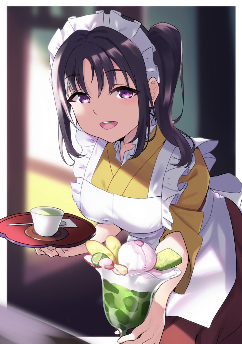 1girl :d apron bangs black_hair blurry blurry_background commentary_request cup food highres holding holding_tray ice_cream japanese_clothes kazuno_sarah kimono leaning_forward looking_at_viewer love_live! love_live!_sunshine!! maid_headdress open_mouth saucer side_ponytail sidelocks smile solo spoon sundae teacup tray violet_eyes waitress white_apron yamaori_(yamaorimon) yellow_kimono