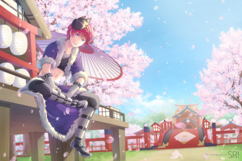1boy architecture armored_boots bangs black_shirt blue_sky boots bridge cape cherry_blossoms clouds commentary_request crop_top day east_asian_architecture fox_mask full_body fur-trimmed_cape fur-trimmed_jacket fur_trim jacket lantern looking_at_viewer male_focus mask mask_on_head natsuya_(kuttuki) open_clothes open_jacket open_mouth outdoors paper_lantern purple_cape purple_jacket ragnarok_masters ragnarok_online redhead shirt short_hair short_sleeves sitting sky smile solo stalker_(ragnarok_online) tree vambraces violet_eyes waist_cape web_address