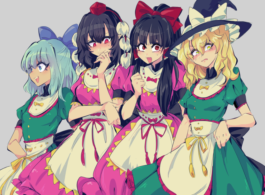 4girls :d apron bangs black_hair black_headwear blonde_hair blue_bow blue_eyes blue_hair blush bow breasts cirno clenched_hand commentary_request cosplay cowboy_shot dress eyebrows_visible_through_hair green_dress grey_background hair_between_eyes hair_bow hair_tubes hakurei_reimu hand_on_hip hand_up hat hat_bow head_tilt hidden_star_in_four_seasons kirisame_marisa long_hair medium_breasts multiple_girls nishida_satono nishida_satono_(cosplay) niwa_(njy) nose_blush open_mouth pink_bow pink_dress pink_ribbon pom_pom_(clothes) ponytail puffy_short_sleeves puffy_sleeves red_bow red_eyes ribbon shameimaru_aya short_hair short_sleeves sidelocks simple_background skirt_hold small_breasts smile standing tassel teireida_mai teireida_mai_(cosplay) tokin_hat touhou waist_apron white_apron white_bow witch_hat yellow_bow yellow_eyes yellow_ribbon