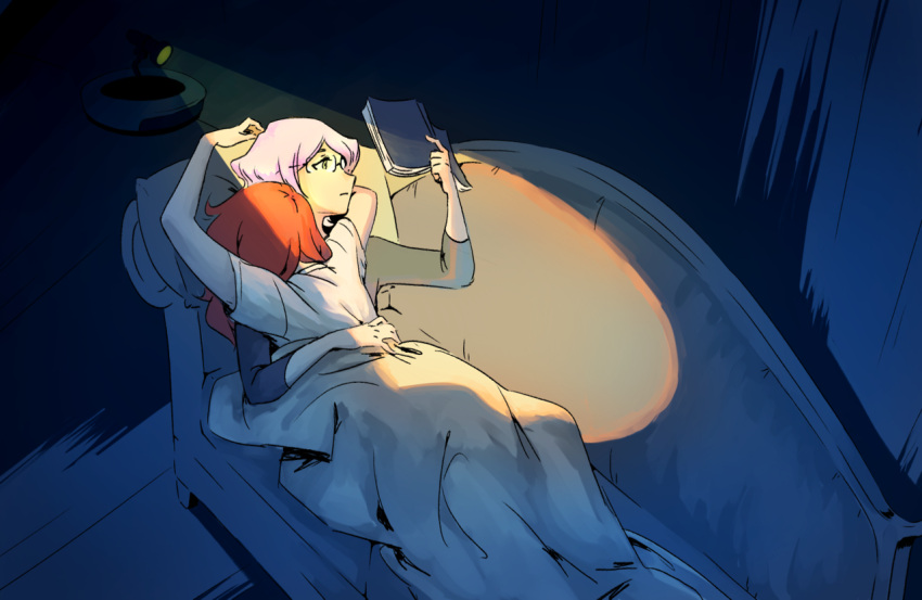 2girls artist_request book couch couple croix_meridies dark glasses hug lamp light little_witch_academia lying multiple_girls night purple_hair reading redhead shiny_chariot sleeping ursula_charistes yuri