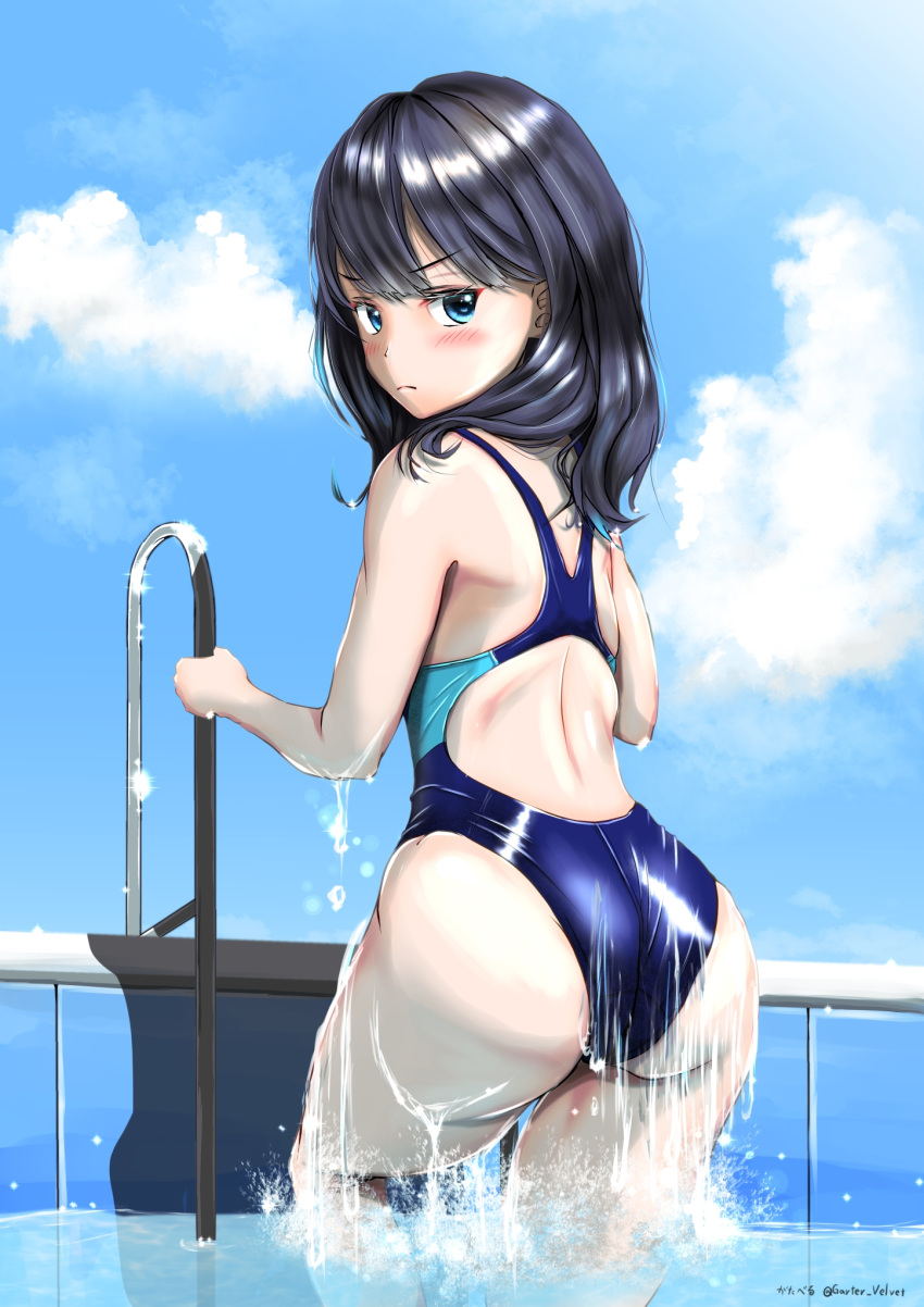 1girl ass black_hair blue_eyes blue_sky blue_swimsuit clouds competition_swimsuit cowboy_shot day from_behind frown garter-velvet highres long_hair looking_at_viewer looking_back one-piece_swimsuit outdoors pool_ladder sky solo ssss.gridman swimsuit takarada_rikka twitter_username water wet wet_clothes wet_swimsuit