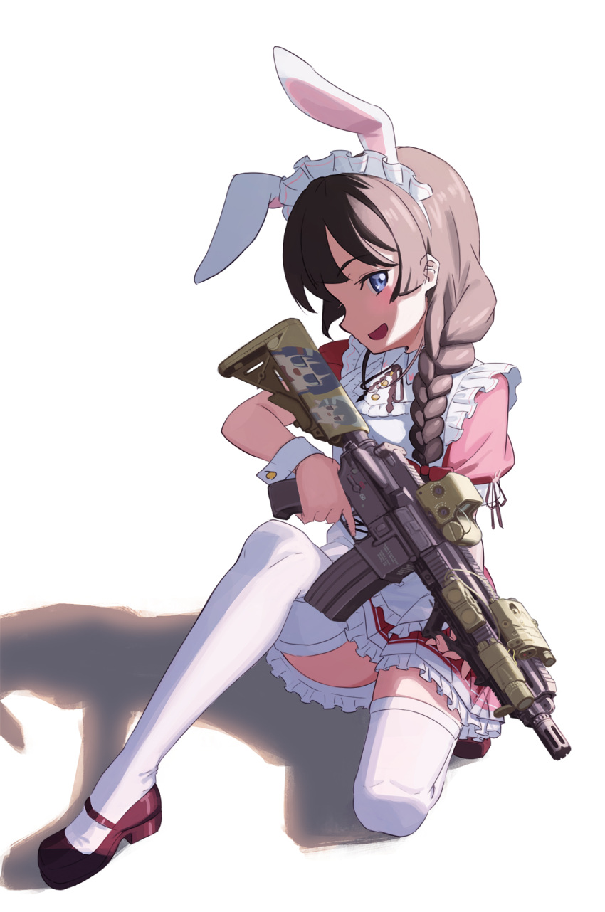 1girl alternate_costume animal_ears assault_rifle blue_eyes braid brown_hair commentary enmaided gun highres higuchi_kaede hironii_(hirofactory) holding holding_gun holding_weapon maid maid_headdress mary_janes nijisanji one_knee rabbit_ears rifle shadow shoes sideways_mouth solo thigh-highs trigger_discipline tsukino_mito virtual_youtuber weapon weapon_request white_background white_legwear wrist_cuffs