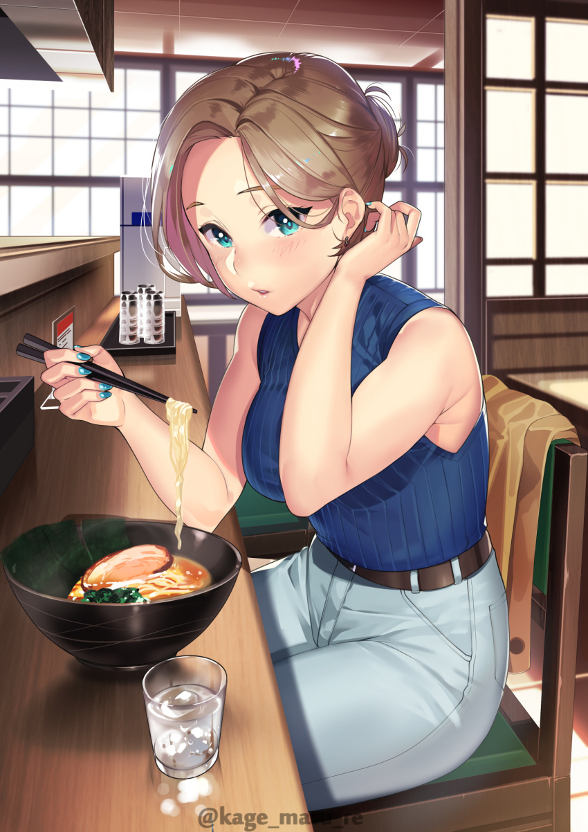 1girl adjusting_hair artist_name bare_shoulders belt blue_eyes blue_sweater blush bowl breasts brown_hair chopsticks commentary counter denim earrings food from_side glass hair_bun hair_tucking highres indoors jacket jacket_removed jeans jewelry kagematsuri looking_at_viewer medium_breasts nail_polish noodles original pants parted_lips ramen restaurant shirt_tucked_in sitting sleeveless sleeveless_sweater solo sweater