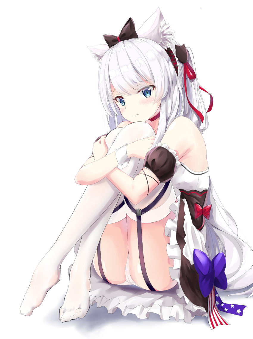 1girl absurdres animal_ear_fluff animal_ears azur_lane bangs bare_shoulders blue_eyes blush bow cat_ears closed_mouth dress eyebrows_visible_through_hair garter_straps garters hair_bow hair_ribbon hairband hammann_(azur_lane) highres knees_to_chest leg_hug long_hair maid panties pantyshot pantyshot_(sitting) ribbon showyou sidelocks simple_background sitting sleeveless solo thigh-highs thighs underwear very_long_hair white_background white_hair white_legwear wrist_cuffs