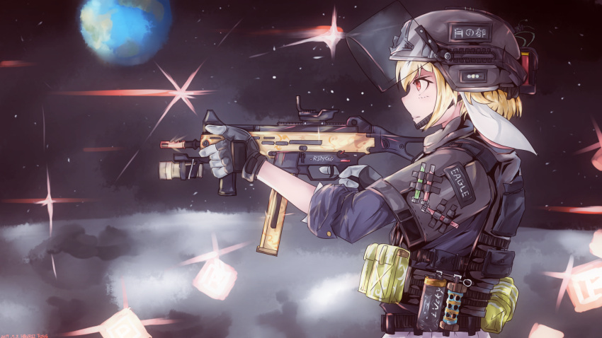 1girl animal_ears battle blonde_hair closed_mouth commentary_request earth explosive firing from_side gloves grenade gun h&amp;k_ump45 hakurei_fling headgear helmet highres holding holding_gun holding_weapon legacy_of_lunatic_kingdom looking_afar military military_uniform pouch profile rabbit_ears red_eyes ringo_(touhou) short_hair sleeves_rolled_up solo space submachine_gun touhou uniform upper_body war weapon