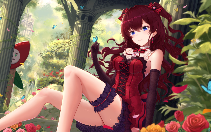 1girl :3 bangs bare_legs blue_eyes blush bow breasts brooch brown_gloves brown_hair bug butterfly closed_mouth day dress earrings elbow_gloves eyebrows_visible_through_hair flower food fruit gloves hair_between_eyes hair_bow highres ichinose_shiki idolmaster idolmaster_cinderella_girls insect jewelry lace_trim leg_garter lips long_hair looking_at_viewer maitake_(maitake1234) medium_breasts orange petals pillar pink_flower pink_rose red_bow red_dress red_flower red_rose rose sitting sleeveless sleeveless_dress smile striped striped_bow two_side_up wavy_hair