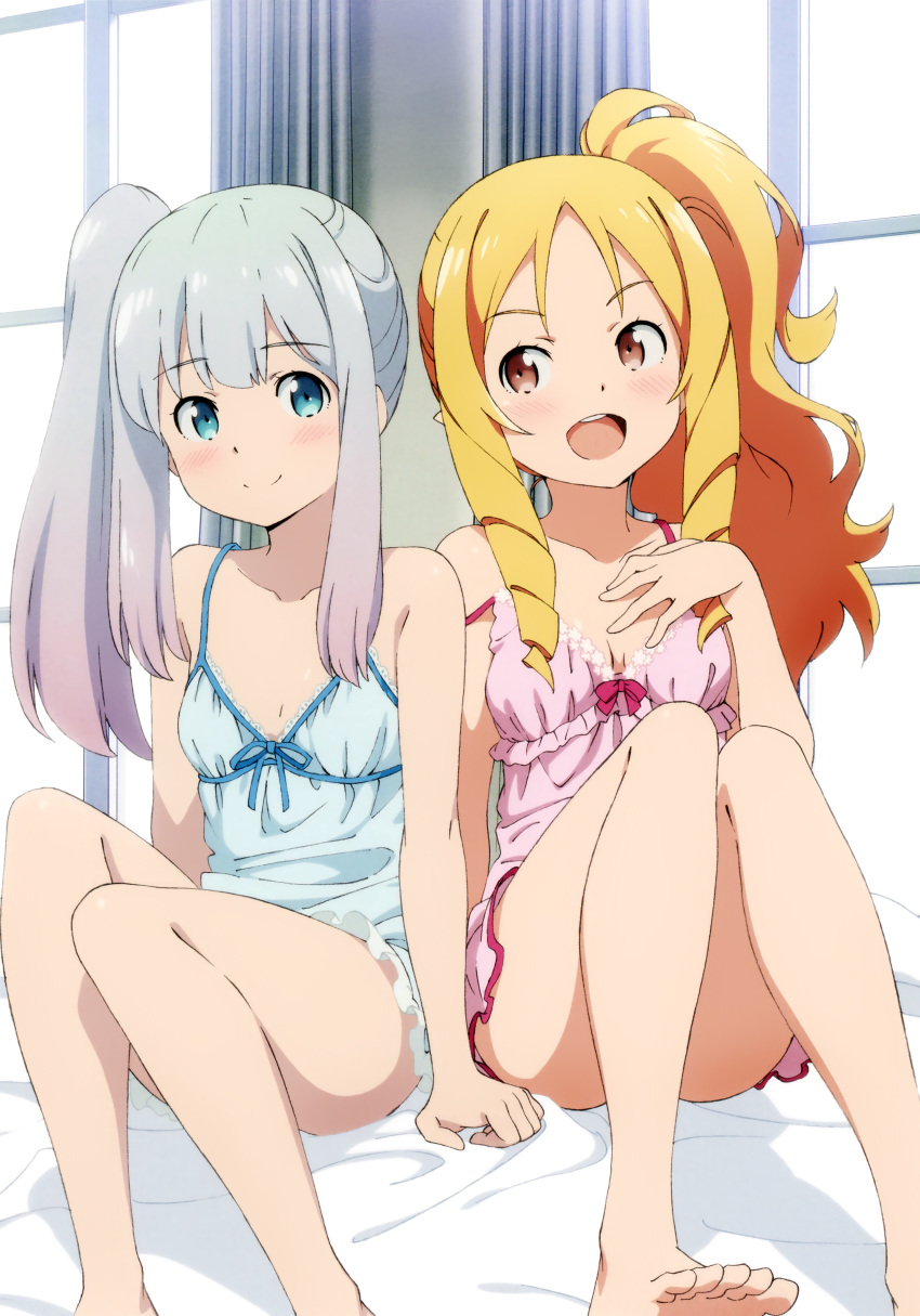 2girls :d absurdres alternate_hairstyle arms_at_sides asai_seiko bare_legs barefoot blonde_hair blush breasts brown_eyes chemise closed_mouth cropped eromanga_sensei eyebrows_visible_through_hair gradient_hair hand_on_own_chest highres indoors izumi_sagiri long_hair multicolored_hair multiple_girls official_art open_mouth pink_hair pointy_ears ringlets scan side_ponytail sidelocks silver_hair sitting small_breasts smile strap_slip underwear underwear_only upper_teeth yamada_elf