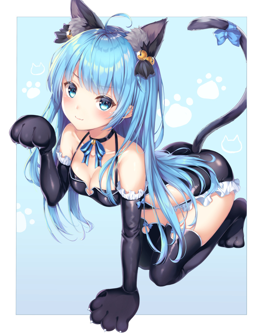 1girl :3 absurdres ahoge all_fours animal_ear_fluff animal_ears bare_shoulders bell black_choker black_gloves black_legwear black_leotard blue_eyes blue_hair blue_ribbon blush breasts cat_ears cat_tail choker cleavage closed_mouth collarbone dangmyo elbow_gloves frills gloves halloween_costume halterneck highres jingle_bell king's_raid leotard lilia_(king's_raid) long_hair looking_at_viewer paw_background paw_gloves paws ribbon sidelocks small_breasts smile solo tail tail_ribbon thigh-highs thighs v-shaped_eyebrows