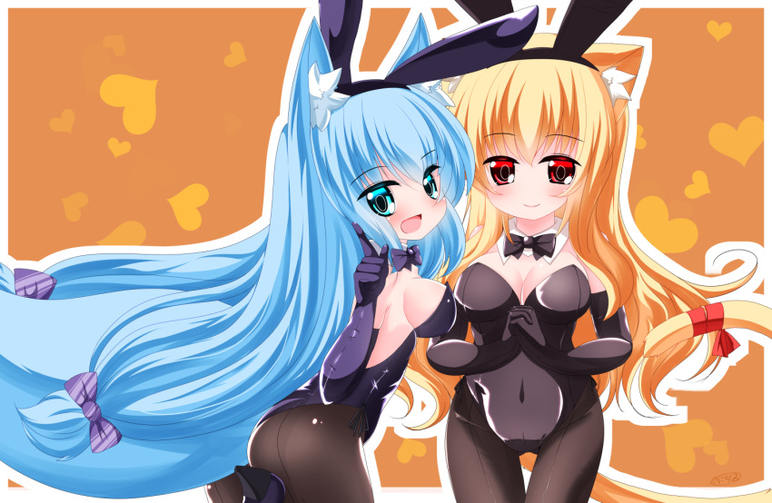 2girls :d animal_ear_fluff animal_ears bangs black_hairband black_leotard black_neckwear blonde_hair blue_eyes blue_hair blush bow bowtie breasts brown_legwear bunny_girl bunnysuit cat_ears cat_girl cat_tail cleavage closed_mouth collar commentary_request covered_navel detached_collar elbow_gloves eyebrows_visible_through_hair fake_animal_ears gloves gluteal_fold hair_between_eyes hair_bow hairband heart high_heels index_finger_raised kanijiru large_breasts leotard long_hair multiple_girls open_mouth original outline pantyhose purple_bow purple_footwear purple_gloves purple_leotard purple_neckwear rabbit_ears red_eyes red_ribbon ribbon shoes smile standing standing_on_one_leg strapless strapless_leotard tail tail_raised tail_ribbon very_long_hair white_collar white_outline wing_collar
