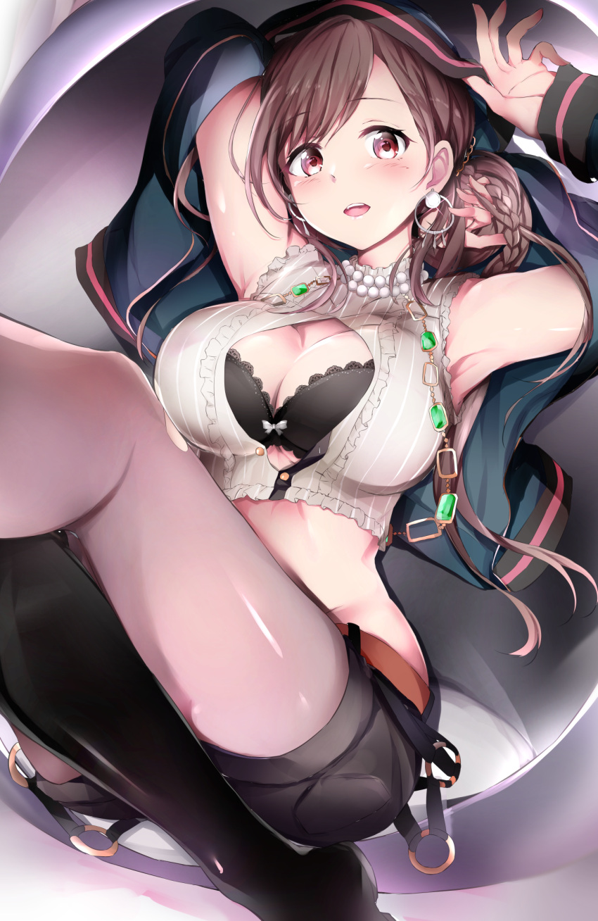 1girl :d arm_behind_back armpits arms_up bangs belt black_bra black_footwear black_shorts blush bow bow_bra bra braid breasts brown_eyes brown_hair center_opening crop_top earrings emerald_(gemstone) eyebrows_visible_through_hair glint hair_up highres hoop_earrings idolmaster idolmaster_shiny_colors jewelry large_breasts legs_up long_hair looking_at_viewer necklace neofreet open_mouth pearl_necklace short_shorts shorts silver single_thigh_boot sleeveless smile solo tsukioka_kogane underwear