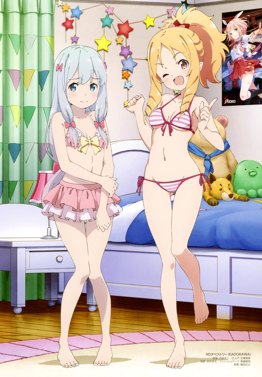 2girls ;d absurdres ass_visible_through_thighs bare_legs barefoot bikini bikini_skirt blonde_hair blue_eyes blush bow breasts brown_eyes dengeki_bunko embarrassed eromanga_sensei frilled_bikini frills front-tie_bikini front-tie_top hair_bow highres index_finger_raised indoors izumi_sagiri knees_together_feet_apart long_hair low-tied_long_hair multiple_girls navel official_art one_eye_closed open_mouth pink_bikini pointy_ears ponytail ringlets sawada_kenji_(artist) scan side-tie_bikini sidelocks silver_hair small_breasts smile standing standing_on_one_leg string_bikini striped striped_bikini swimsuit tiv upper_teeth yamada_elf