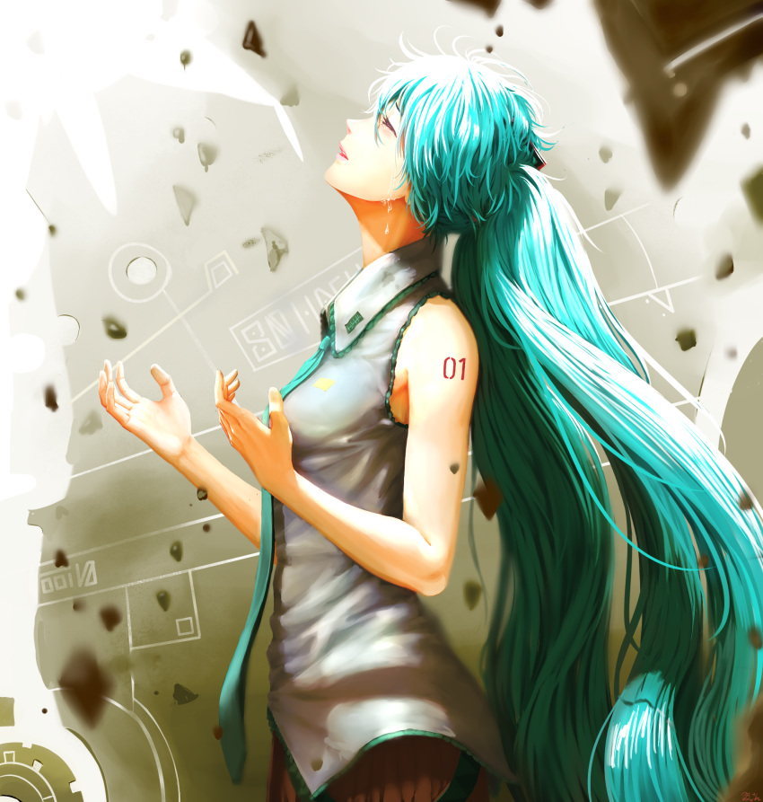 1girl closed_eyes crying green_hair hachijuu hatsune_miku highres long_hair necktie number_tattoo ponytail solo tattoo tears vocaloid