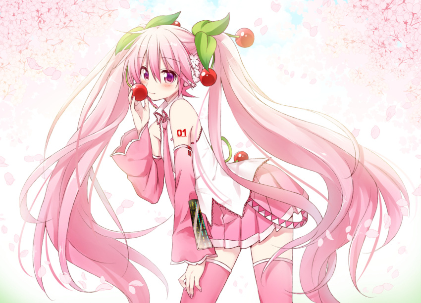 1girl bare_shoulders blush cherry_blossoms cherry_hair_ornament commentary cowboy_shot detached_sleeves food food_themed_hair_ornament fruit hair_ornament hatsune_miku holding holding_food holding_fruit holding_hair_ornament leaf leaning_forward long_hair looking_at_viewer nail_polish necktie petals pink_eyes pink_hair pink_legwear pink_skirt pink_sleeves sakura_miku shirt shoulder_tattoo skirt sleeveless sleeveless_shirt smile solo sudachi_(calendar) tattoo thigh-highs twintails very_long_hair vocaloid zettai_ryouiki