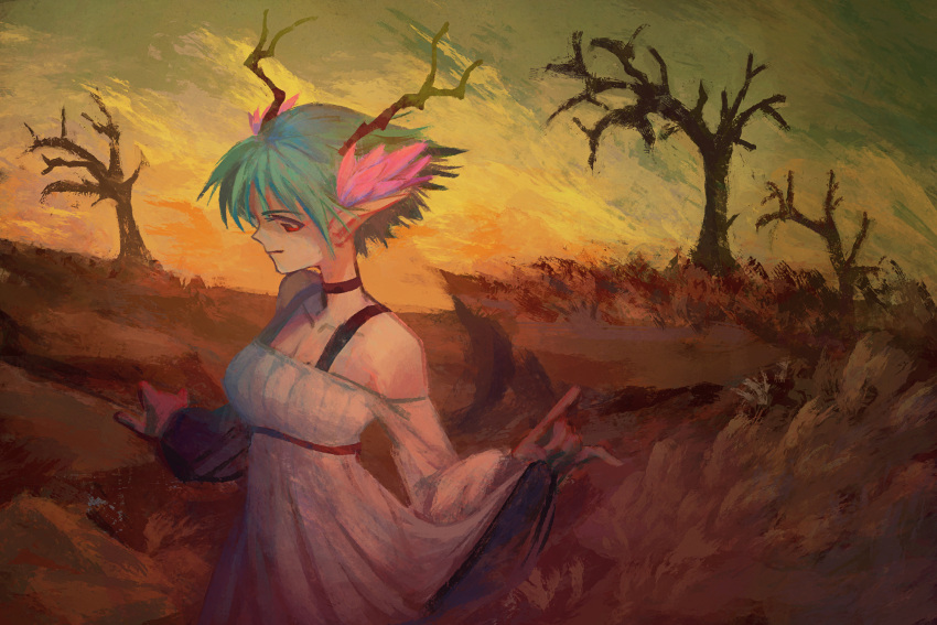 1girl antlers aqua_hair artist_request bare_shoulders breasts c_(control) choker cleavage drawfag dress highres looking_at_viewer looking_to_the_side medium_breasts outdoors pointy_ears q_(control) red_eyes short_hair smirk solo tree