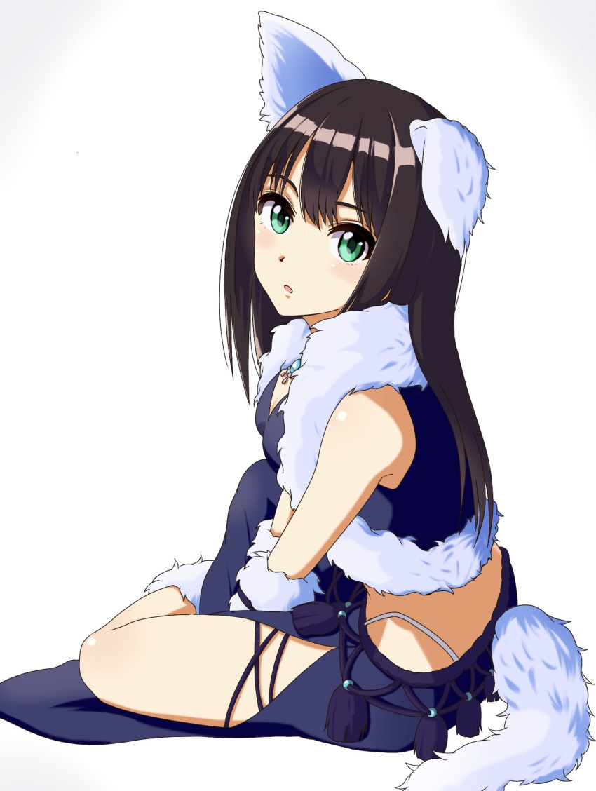 1girl animal_ears between_legs black_hair blue_skirt breasts cleavage green_eyes hand_between_legs highleg highleg_panties highres idolmaster idolmaster_cinderella_girls long_hair looking_at_viewer midriff open_mouth panties shibuya_rin shiki_(0802makimari) shiny shiny_hair simple_background sitting skirt sleeves small_breasts solo tail underwear white_background wolf_ears wolf_tail