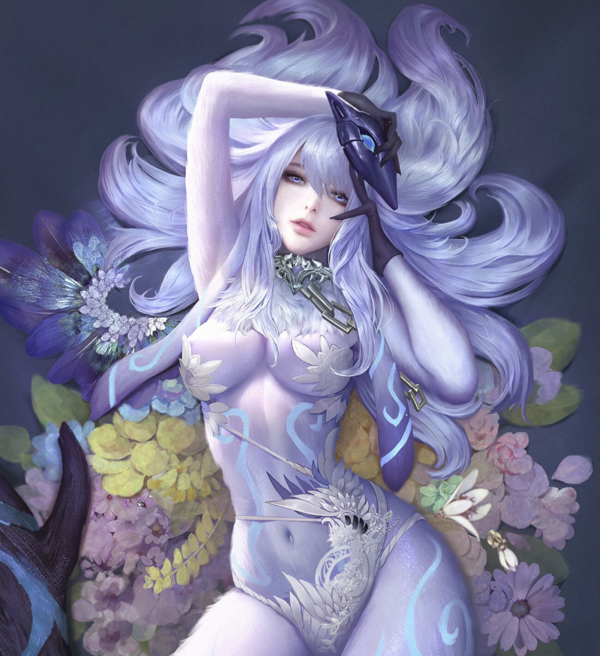 1girl arm_up bangs breasts fingernails flower gloves grey_eyes highres large_breasts lips lipstick long_fingernails long_hair looking_at_viewer lying makeup mask mask_on_head mask_removed navel original parted_lips silver_hair solo swept_bangs wang_chen