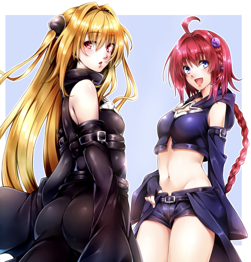 2girls :d arm_behind_back ass bare_shoulders black_cape black_dress black_gloves blonde_hair blue_eyes blush braid breasts cape cleavage cleavage_cutout cowboy_shot crop_top detached_sleeves dress fingerless_gloves from_behind gloves groin hair_ornament hairpin happy highres hooded_shirt imo_(evekelu-111) konjiki_no_yami kurosaki_mea long_hair looking_at_viewer looking_back medium_breasts midriff multiple_girls navel open_mouth red_eyes redhead short_shorts shorts small_breasts smile stomach thighs to_love-ru to_love-ru_darkness very_long_hair wide_sleeves