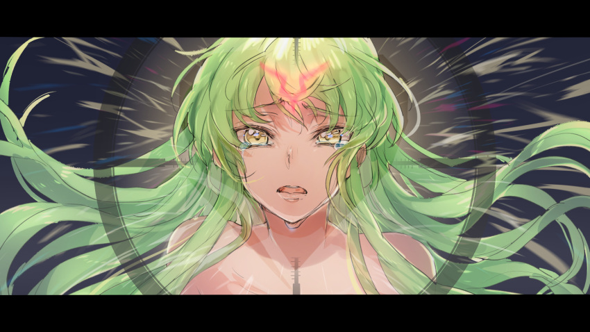 1girl c.c. code_geass crying crying_with_eyes_open floating_hair geass green_hair highres long_hair looking_at_viewer nude open_mouth portrait solo sumi_otto tears very_long_hair yellow_eyes