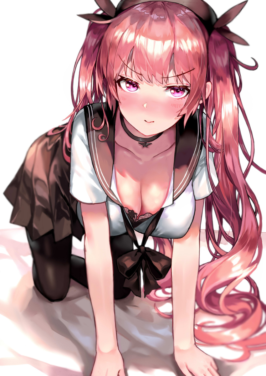 1girl absurdres all_fours alternate_costume azur_lane bangs bed_sheet black_choker black_skirt blush breasts choker cleavage closed_mouth collarbone commentary denchu_(kazudentyu) eyebrows_visible_through_hair full-face_blush hair_ribbon highres honolulu_(azur_lane) jitome large_breasts long_hair looking_at_viewer pantyhose pleated_skirt redhead ribbon school_uniform shirt short_sleeves simple_background skirt solo twintails very_long_hair violet_eyes white_background white_shirt