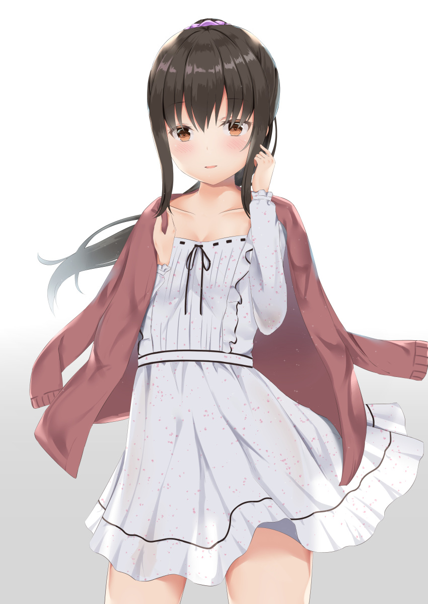 1girl absurdres blush brown_eyes brown_hair collarbone dress hands_up highres jacket jacket_on_shoulders kanade_pa long_hair long_sleeves original red_jacket simple_background solo standing white_background white_dress