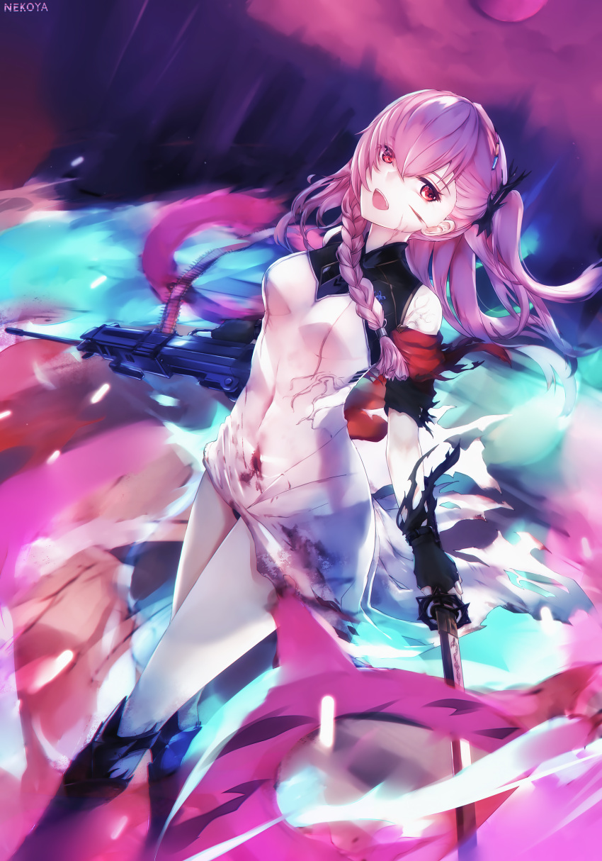 1girl :d absurdres armor bangs black_gloves blood bloody_clothes blush braid breasts cloak crossed_legs damaged dress dual_wielding dyolf eyebrows_visible_through_hair fingerless_gloves fire flame floating_hair flower gauntlets girls_frontline gloves glowing greaves grin gun hair_between_eyes hair_ornament head_tilt hexagram highres holding holding_gun holding_sword holding_weapon imi_negev katana legs_crossed light_particles long_hair looking_at_viewer machine_gun medium_breasts negev_(girls_frontline) open_mouth pink_hair red_cloak red_eyes red_flower red_rose rose shoulder_cutout side_braid smile solo star_of_david sword thorns torn_clothes trigger_discipline watson_cross weapon white_dress wind wind_lift