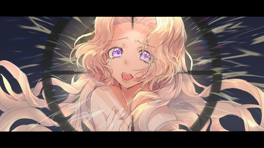 1girl blonde_hair code_geass collarbone crying crying_with_eyes_open floating_hair highres long_hair looking_at_viewer nude nunnally_lamperouge open_mouth solo sumi_otto tears upper_body very_long_hair violet_eyes