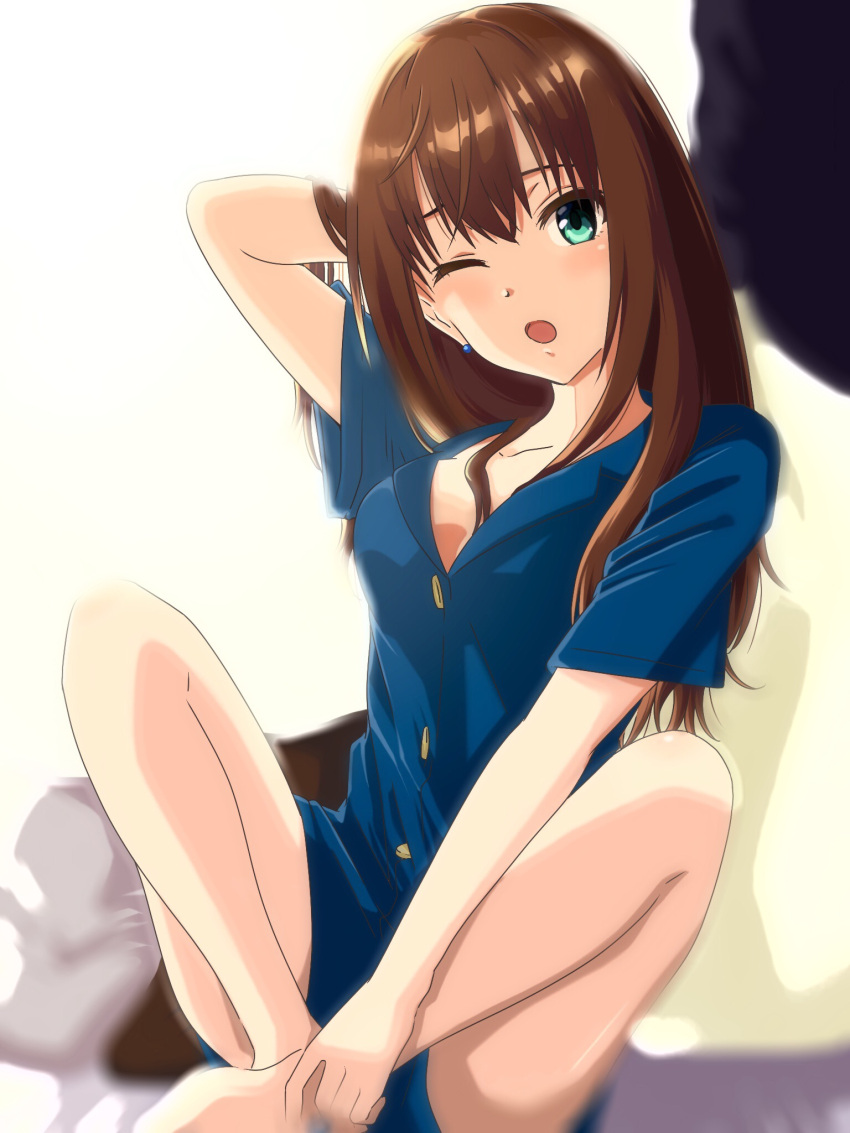 1girl ;o barefoot blue_shirt blue_shorts breasts brown_hair cleavage collarbone dress_shirt earrings green_eyes hand_in_hair highres idolmaster idolmaster_cinderella_girls indian_style jewelry long_hair looking_at_viewer medium_breasts one_eye_closed shibuya_rin shiki_(0802makimari) shiny shiny_hair shirt short_shorts short_sleeves shorts simple_background sitting solo white_background