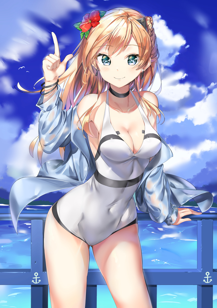 1girl absurdres bangs blonde_hair blue_eyes blue_sky blush braid breasts choker cleavage clouds collarbone covered_navel cowboy_shot day earrings eyebrows_visible_through_hair flower girls_frontline hair_flower hair_ornament hibiscus highres index_finger_raised jacket jewelry k5_(girls_frontline) long_hair looking_at_viewer medium_breasts ocean off_shoulder one-piece_swimsuit outdoors sidelocks sky smile sog-igeobughae solo swimsuit thighs wristband