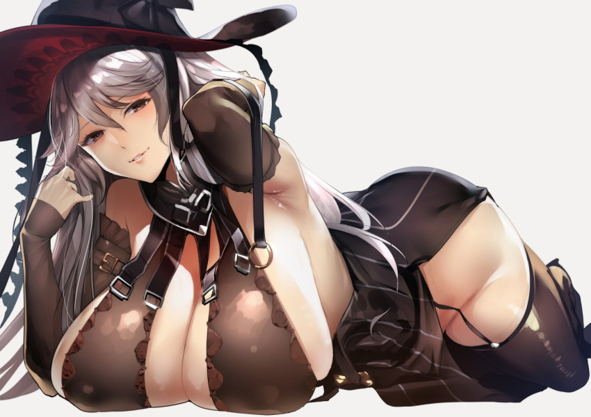 1girl armpits bangs bare_shoulders black_dress black_footwear black_headwear blush boots breasts cleavage detached_sleeves dress granblue_fantasy hair_between_eyes halterneck hat huge_breasts long_hair looking_at_viewer lying magisa_(granblue_fantasy) on_stomach parted_lips sideboob silver_hair smile solo thigh-highs thigh_boots thighs tomohiro_kai witch_hat