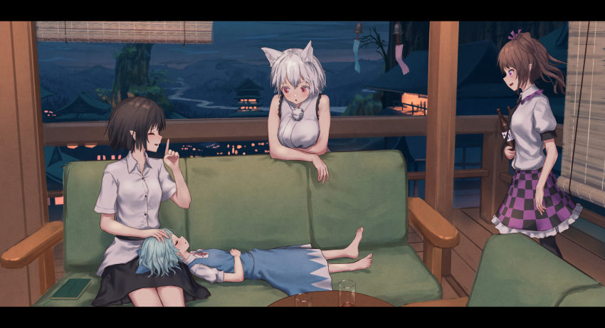4girls :d :o ^_^ animal_ears bare_arms bare_shoulders barefoot belt black_belt black_hair black_legwear black_neckwear black_ribbon black_skirt blue_dress blue_hair blush book bottle breasts brown_hair checkered checkered_skirt cirno closed_eyes closed_eyes commentary_request couch cup dress drinking_glass facing_another feet_out_of_frame frilled_shirt_collar frills hair_ribbon hand_on_another's_head hand_on_own_stomach hand_up highres himekaidou_hatate holding holding_bottle indoors inubashiri_momiji japanese_clothes kimono letterboxed looking_at_another lying medium_breasts multiple_girls neck_ribbon night night_sky no_hat no_headwear on_back open_mouth pantyhose parted_lips petticoat pointy_ears pom_pom_(clothes) profile puffy_short_sleeves puffy_sleeves purple_ribbon purple_skirt red_eyes red_neckwear red_ribbon ribbon roke_(taikodon) sake_bottle shameimaru_aya shirt short_hair short_sleeves silver_hair sitting skirt sky sleeping sleeveless sleeveless_kimono smile table touhou twintails white_kimono white_shirt wind_chime wolf_ears wooden_floor