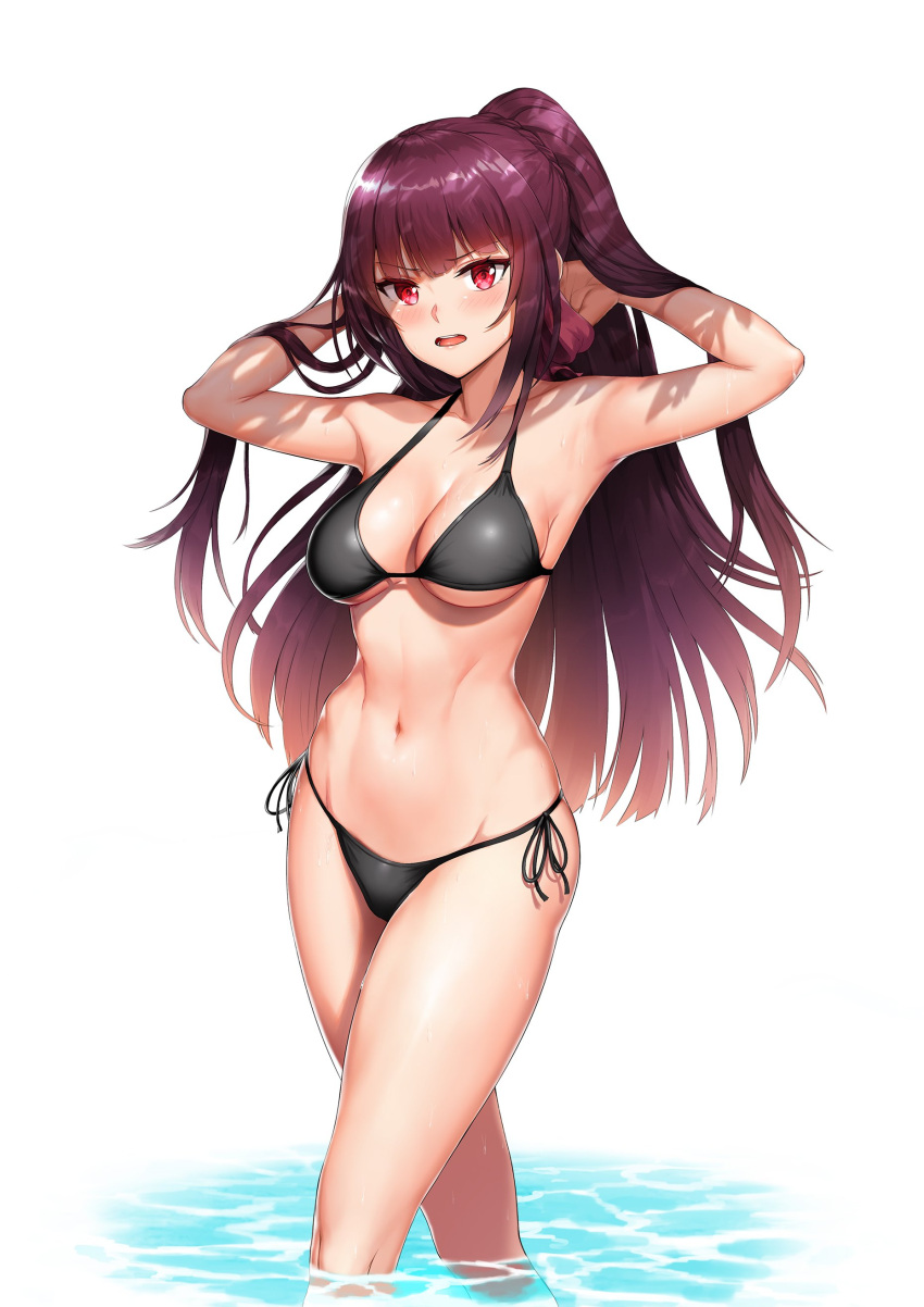1girl absurdres alternate_hairstyle armpits bangs bikini black_bikini blush breasts cleavage eyebrows_visible_through_hair girls_frontline greem_bang hair_ribbon hands_in_hair highres large_breasts long_hair looking_at_viewer medium_breasts navel open_mouth ponytail purple_hair purple_ribbon red_eyes ribbon simple_background solo stomach swimsuit toned v-shaped_eyebrows very_long_hair wa2000_(girls_frontline) wading wet