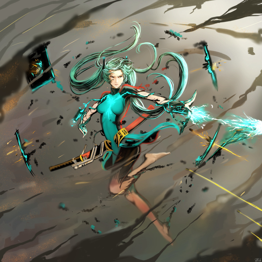 1girl absurdly_long_hair absurdres bare_legs barefoot bodysuit fighting hachijuu hair_ornament hairclip hatsune_miku highres katana long_hair science_fiction solo sword traditional_media twintails very_long_hair vocaloid watercolor_(medium) weapon